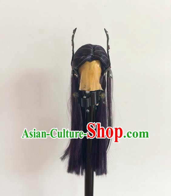 Handmade China Cosplay Swordsman Purple Wigs and Hair Crown Traditional Puppet Show Knight Ying Huo Headdress Ancient Dragon Prince Hairpieces