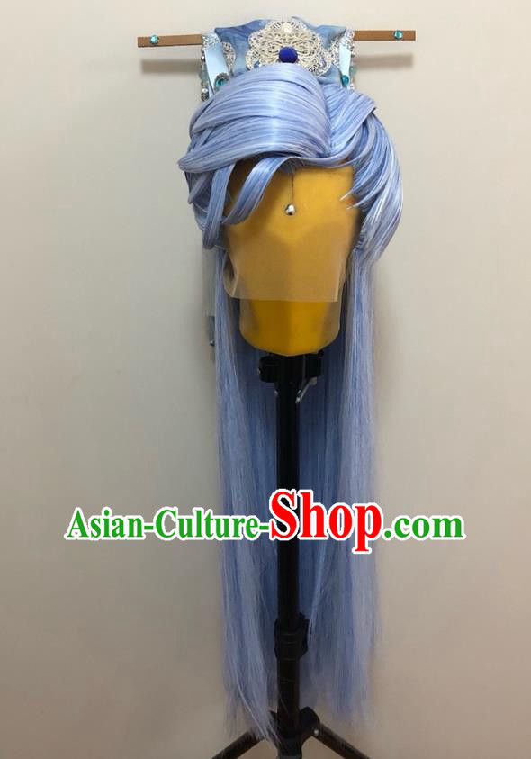 Handmade China Ancient Young Knight Hairpieces Cosplay Noble Childe Blue Wigs and Hair Crown Traditional Puppet Show Swordsman Headdress