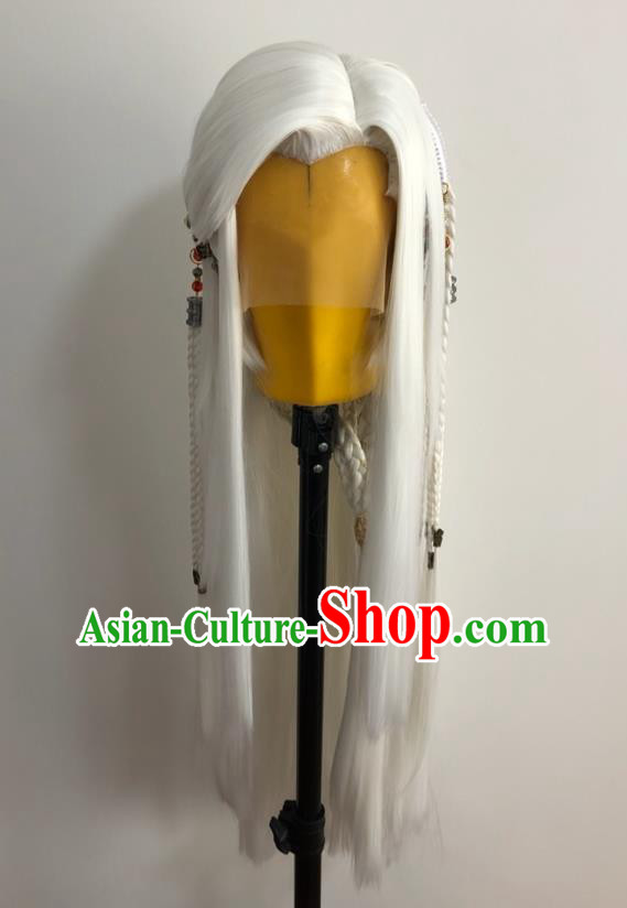 Handmade China Traditional Puppet Show Qiap Rulai Headdress Ancient Young Knight Hairpieces Cosplay Swordsman White Braids Wigs