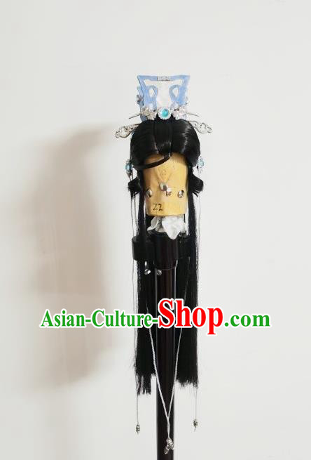 Handmade China Cosplay Young Knight Black Wigs and Hair Crown Traditional Puppet Show Yu Xiaoyao Headdress Ancient Swordsman Hairpieces