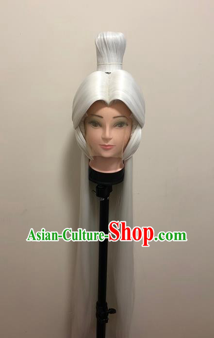 Handmade China Ancient Swordsman Headdress Cosplay Heaven King White Wigs Chignon Traditional Puppet Show Taoist Hairpieces