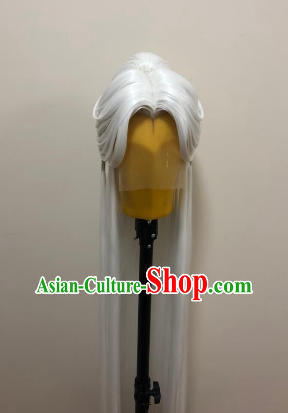 Handmade China Cosplay Elderly Male White Wigs Traditional Puppet Show Yi Tianzi Hairpieces Ancient Swordsman Headdress
