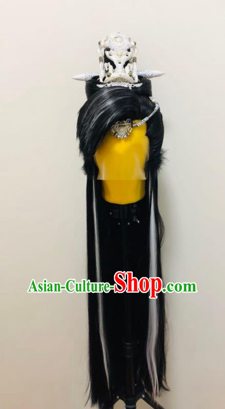 Handmade China Cosplay Chivalrous Male Wigs and Hair Crown Traditional Puppet Show Knight Shi Yanwen Hairpieces Ancient Swordsman Headdress