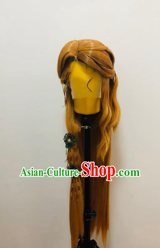 Handmade China Ancient Young Knight Headdress Cosplay Chivalrous Male Golden Wigs and Hair Crown Traditional Puppet Show Swordsman Hairpieces