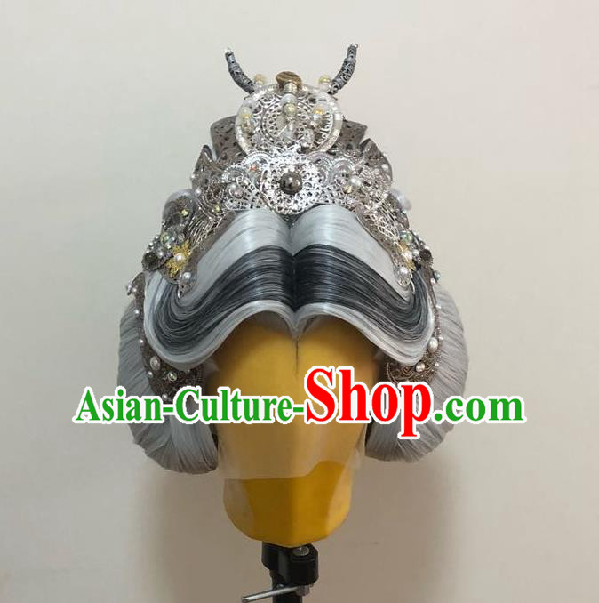 Chinese Cosplay Queen Mother Grey Wigs and Hair Crown Hairpieces Ancient Elderly Swordswoman Headdress Traditional Puppet Show Hair Accessories