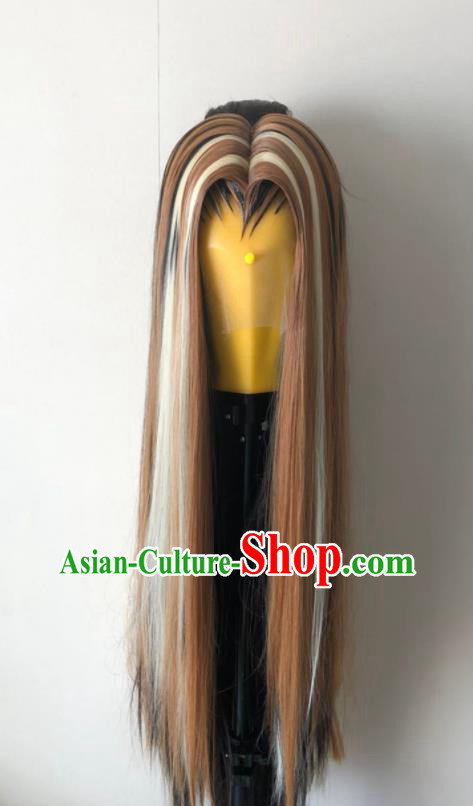 Handmade China Cosplay Chivalrous Male Brown Wigs Traditional Puppet Show Swordsman Hairpieces Ancient Kawaler Headdress