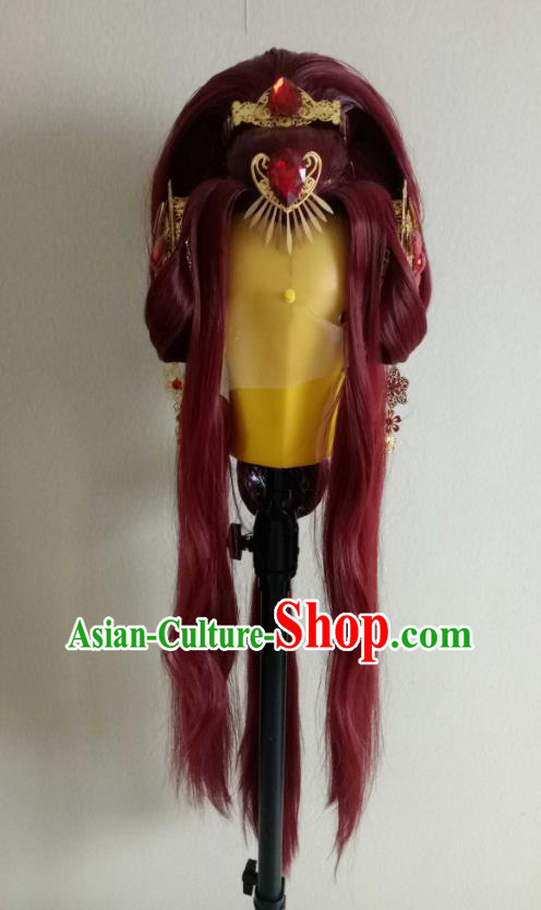 Chinese Ancient Young Beauty Headdress Traditional Puppet Show Goddess Hair Accessories Cosplay Queen Wine Red Wigs Chignon and Hairpieces