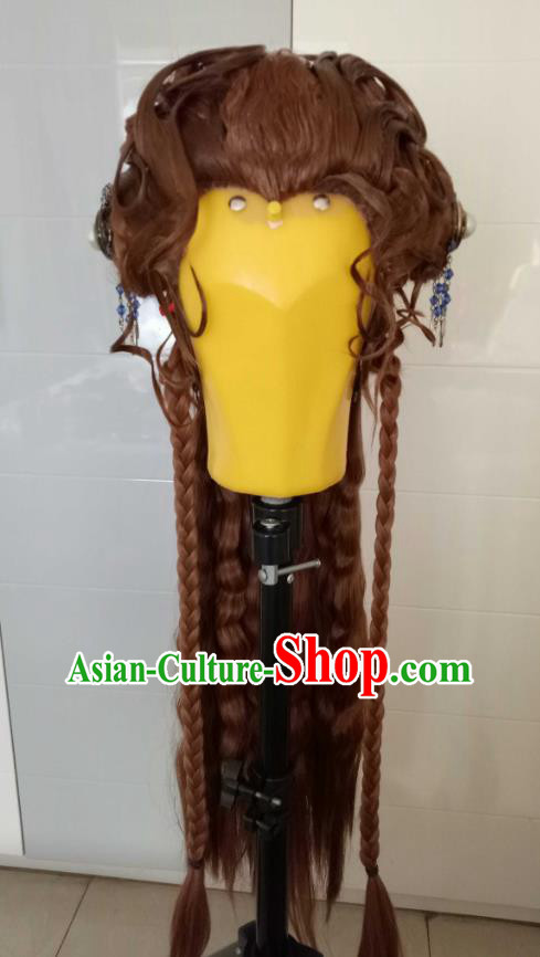 Chinese Cosplay Queen Brown Wigs Chignon and Hairpieces Ancient Imperial Concubine Headdress Traditional Puppet Show Young Beauty Hair Accessories