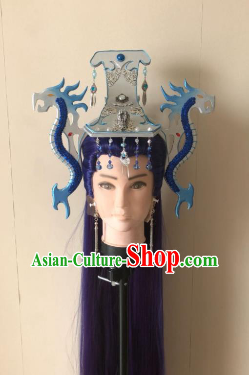 Handmade China Traditional Puppet Show Swordsman Xuan Bin Hairpieces Ancient General Headdress Cosplay Dragon Prince Purple Wigs and Hair Crown