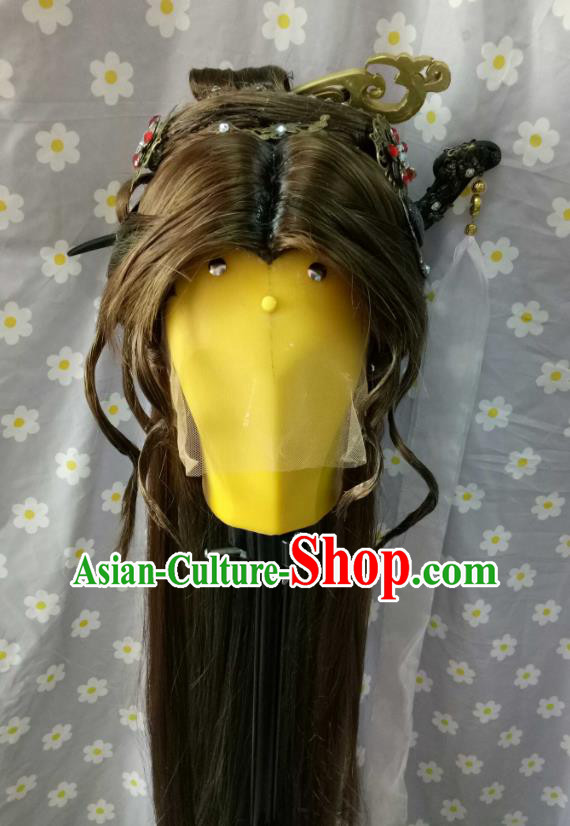 Chinese Traditional Puppet Show Cui Luohan Hair Accessories Cosplay Young Woman Brown Wigs Chignon and Hairpins Ancient Female Swordsman Headdress