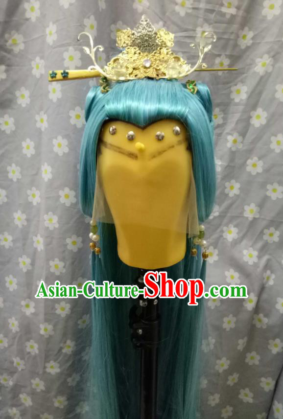 Handmade China Ancient Young Swordsman Headdress Cosplay Knight Blue Wigs and Hair Crown Traditional Puppet Show Cui Shanxing Hairpieces