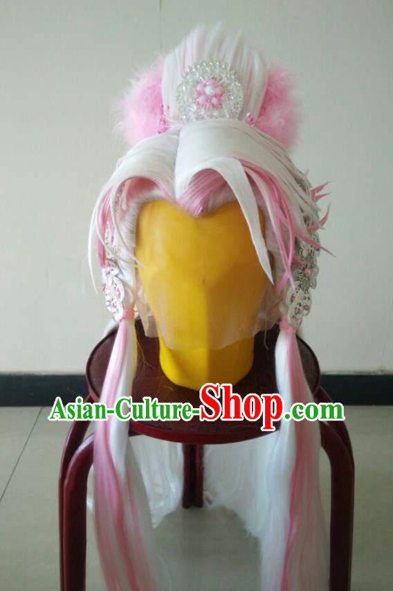 Chinese Traditional Puppet Show Fairy Princess Hairpieces Cosplay Queen Hair Accessories Ancient Swordswoman White Wigs Headwear