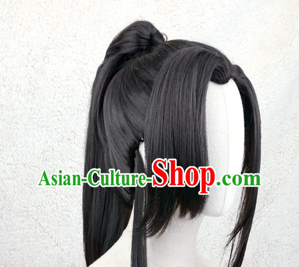 Handmade China Ancient Swordsman Headdress Cosplay Young Knight Black Ponytsil Wigs Traditional Qin Dynasty Young Man Hairpieces