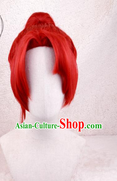 Handmade China Ancient Young Knight Headdress Cosplay Swordsman Red Ponytsil Wigs Traditional Qin Dynasty Kawaler Hairpieces