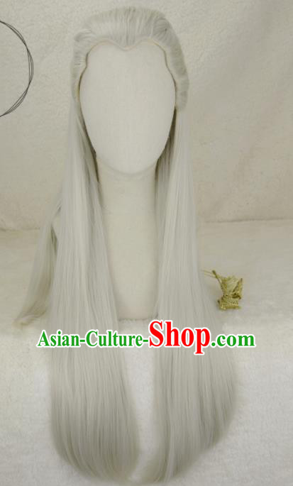 Handmade China Traditional Hanfu Young Childe Hairpieces Ancient Crown Prince Headdress Cosplay Swordsman Gray Wigs