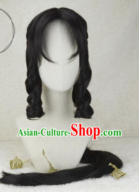Chinese Ancient Young Lady Black Curly Wigs Headwear Traditional Court Beauty Hairpieces Cosplay Fairy Hair Accessories