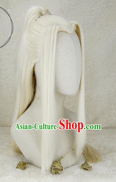 Handmade China Traditional Hanfu Adults Hairpieces Ancient Taoist Priest Headdress Cosplay Swordsman Light Golden Wigs