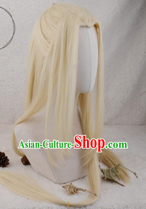 Handmade China Cosplay Chivalrous Knight Golden Wigs Traditional Qin Dynasty Young Childe Hairpieces Ancient Swordsman Headdress
