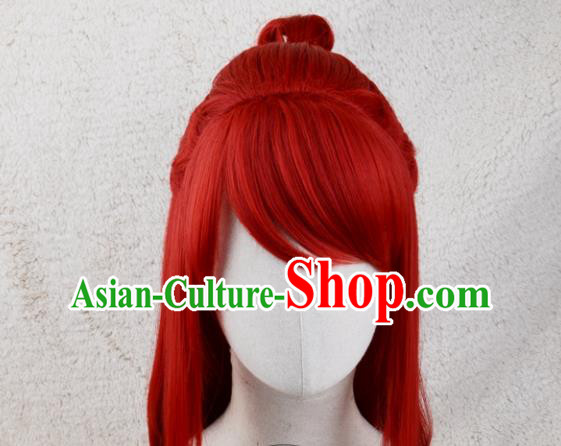 Handmade China Cosplay Swordsman Red Wigs Traditional Qin Dynasty Hero Hairpieces Ancient Young Knight Headdress