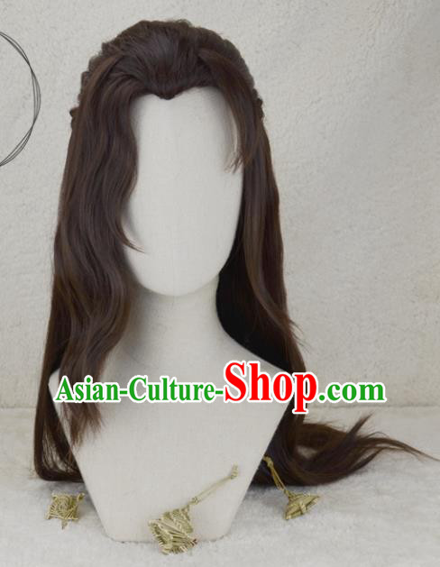Handmade China Ancient Young Knight Headdress Cosplay Swordsman Brown Wigs Traditional Ming Dynasty Hero Hairpieces