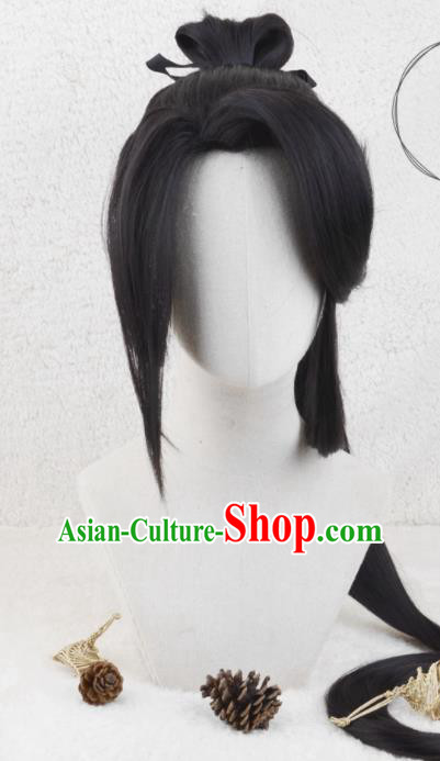 Handmade China Traditional Jin Dynasty Young Hero Hairpieces Ancient Knight Headdress Cosplay Swordsman Black Wigs