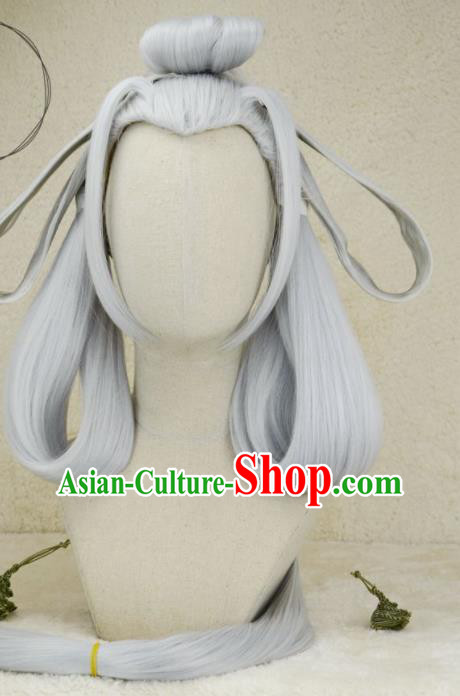 Chinese Ancient Young Lady Grey Wigs Headwear Traditional Swordswoman Hairpieces Cosplay Goddess Hair Accessories