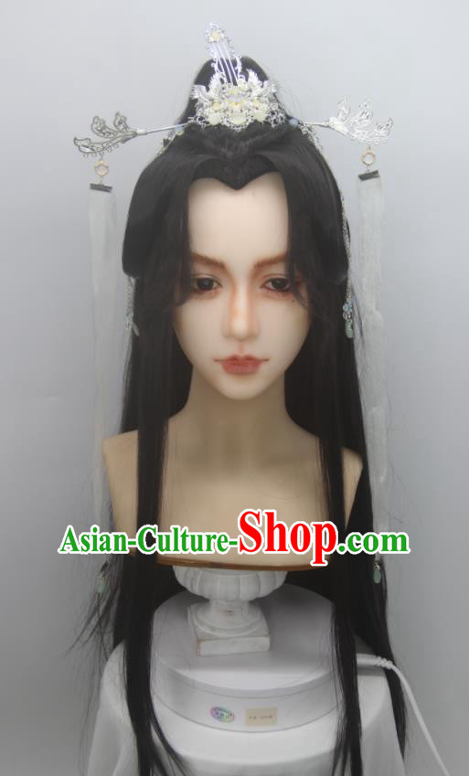 Handmade China Traditional Heaven Official Blessing Xie Lian Hairpieces Ancient Swordsman Headdress Cosplay Jin Dynasty Prince Black Wigs