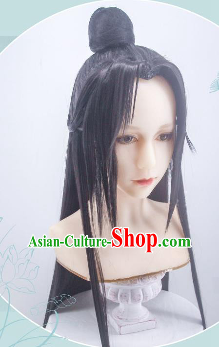 Handmade China Cosplay Swordsman Black Wigs Traditional Hanfu Hairpieces Ancient Taoist Priest Headdress