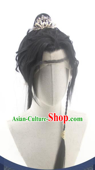 Handmade China Traditional Hanfu Knight Xiao Cean Hairpieces Ancient Young Swordsman Headdress Cosplay Royal Childe Black Curly Wigs