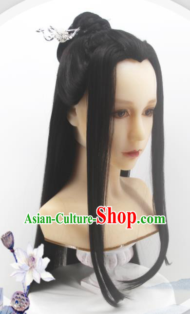 Handmade China Ancient Swordsman Headdress Cosplay Young Childe Black Wigs Traditional Jin Dynasty Childe Hairpieces