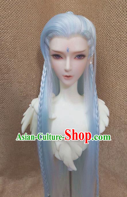Handmade China Cosplay Dragon Prince Blue Wigs Traditional Young Childe Hairpieces Ancient Swordsman Headdress