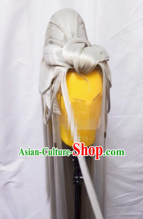 Handmade China Cosplay Taoist Priest Gray Wigs Traditional Puppet Show Royal King Hairpieces Ancient Swordsman Headdress