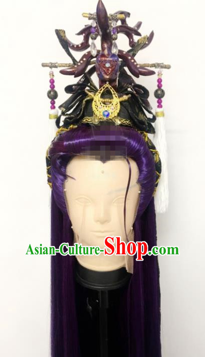 Handmade China Ancient Swordsman Headdress Cosplay Royal Prince Purple Wigs and Hair Crown Traditional Puppet Show King Hairpieces