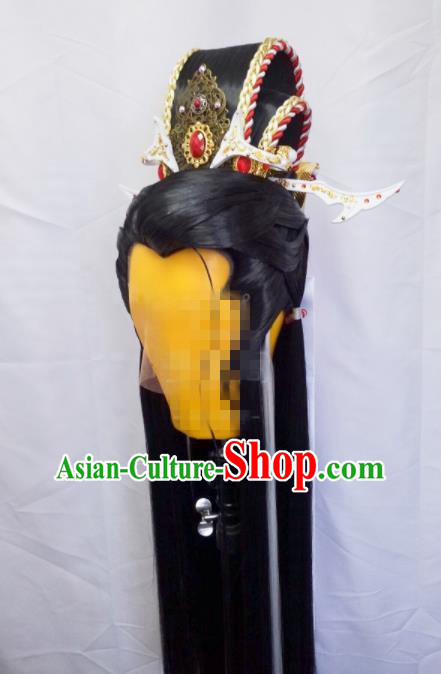 Handmade China Traditional Puppet Show Mo Lisao Hairpieces Ancient Swordsman Headdress Cosplay Royal Prince Black Wigs and Hair Crown