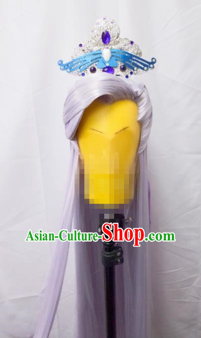 Handmade China Cosplay Taoist Priest Lilac Wigs and Hair Crown Traditional Puppet Show Murong Ning Hairpieces Ancient Swordsman Headdress