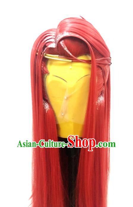 Handmade China Ancient Young Swordsman Headdress Cosplay Crown Prince Red Wigs Traditional Puppet Show Childe Xuan Tong Hairpieces