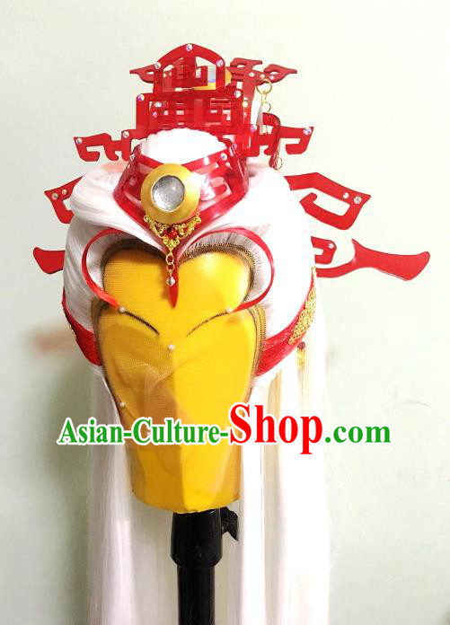 Handmade China Traditional Puppet Show Taoist Priest Hairpieces Ancient Swordsman Headdress Cosplay Chivalrous Male White Wigs and Hair Crown