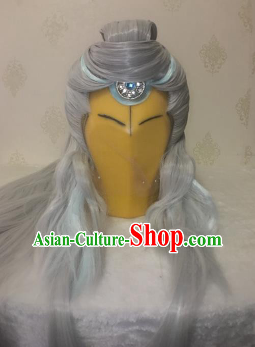 Handmade China Traditional Puppet Show Hairpieces Ancient Taoist Headdress Cosplay Swordsman Grey Wigs