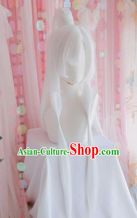 Handmade China Ancient Taoist Priest Headdress Cosplay Swordsman White Wigs Traditional Puppet Show Yu Yinshuang Hairpieces