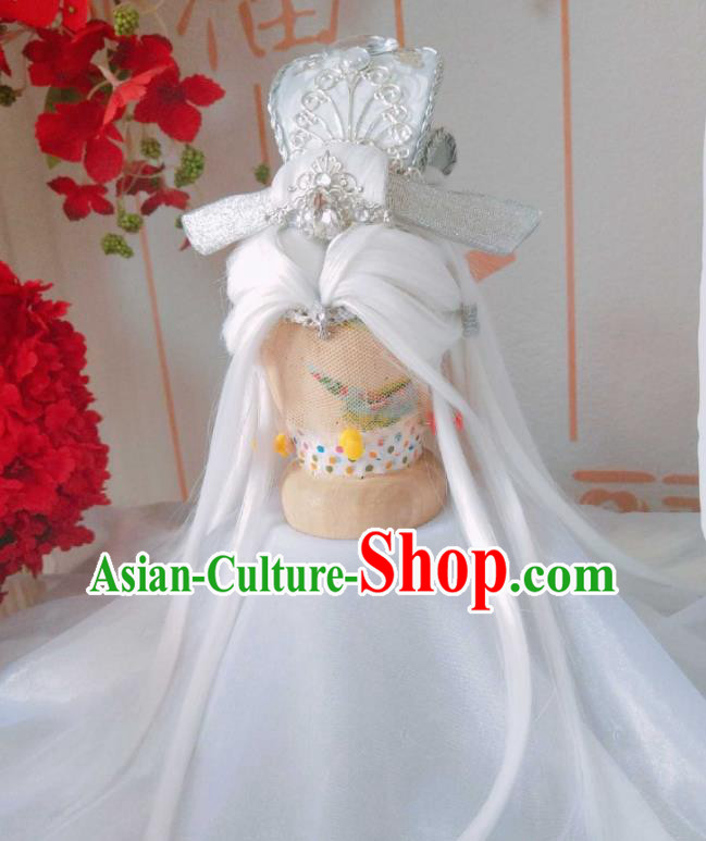 Handmade China Traditional Puppet Show Wen Naihe Hairpieces Ancient Taoist Priest Headdress Cosplay Swordsman White Wigs and Hair Crown