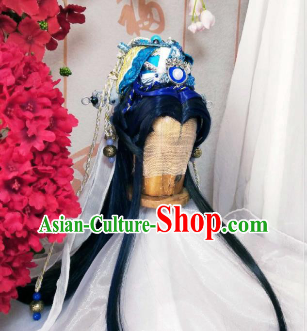 Handmade China Cosplay Emperor Wigs and Hair Crown Traditional Puppet Show Hairpieces Ancient Swordsman King Headdress