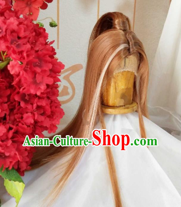 Handmade China Ancient Chivalrous Swordsman Headdress Cosplay Kawaler Golden Wigs Traditional Puppet Show Feng Xiaoyao Hairpieces