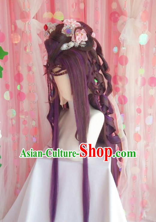 Chinese Ancient Queen Purple Wigs Headwear Traditional Puppet Show Goddess Hairpieces Cosplay Swordswoman Hair Accessories