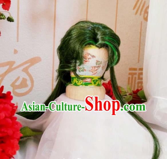 Handmade China Ancient Young Swordsman Headdress Cosplay Demon Prince Green Wigs Traditional Puppet Show Knight Mo Luo Hairpieces