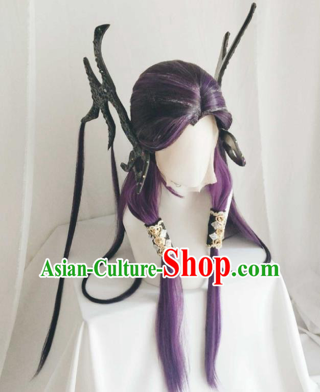 Chinese Ancient Fairy Princess Purple Wigs Headwear Traditional Puppet Show Swordswoman Hairpieces Cosplay Dragon Girl Hair Accessories