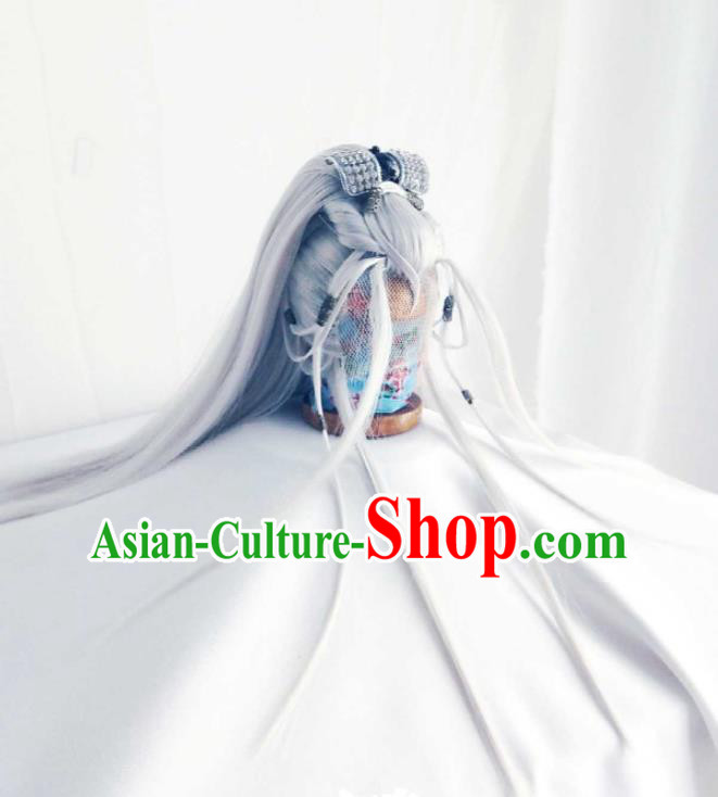 Handmade China Ancient Swordsman Headdress Cosplay Taoist Priest Grey Wigs Traditional Puppet Show Chivalrous Male Hairpieces