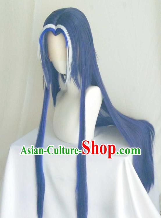 Handmade China Ancient Chivalrous Male Headdress Cosplay Swordsman Blue Wigs Traditional Puppet Show Jian Wuji Hairpieces