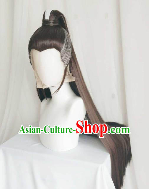 Handmade China Cosplay Taoist Priest Brown Wigs Traditional Puppet Show Chivalrous Male Hairpieces Ancient Swordsman Ponytsil Headdress