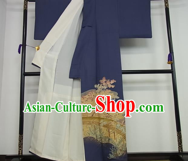 Japan Male Garment Costume Traditional Tsukesage Kimono Clothing Classical Maple Leaf Pattern Blue Yukata Robe