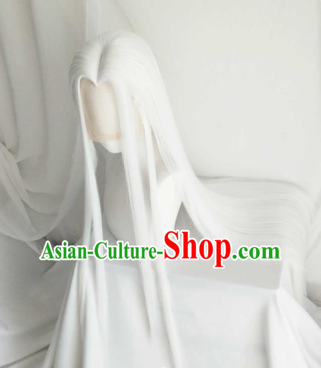 Handmade China Traditional Puppet Show Immortal Hairpieces Ancient Taoist Priest Headdress Cosplay Swordsman White Wigs